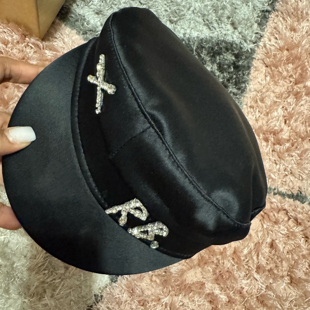Elegant Black Satin Hat with Rhinestone Details